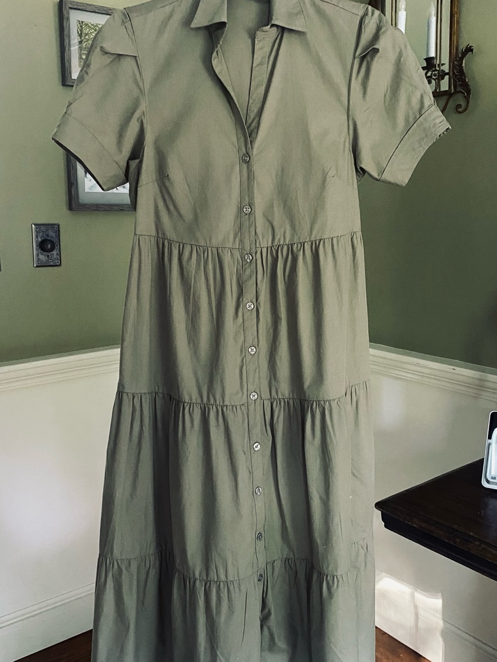 Calvin Klein Olive Green Button-Front Tiered Maxi Dress
